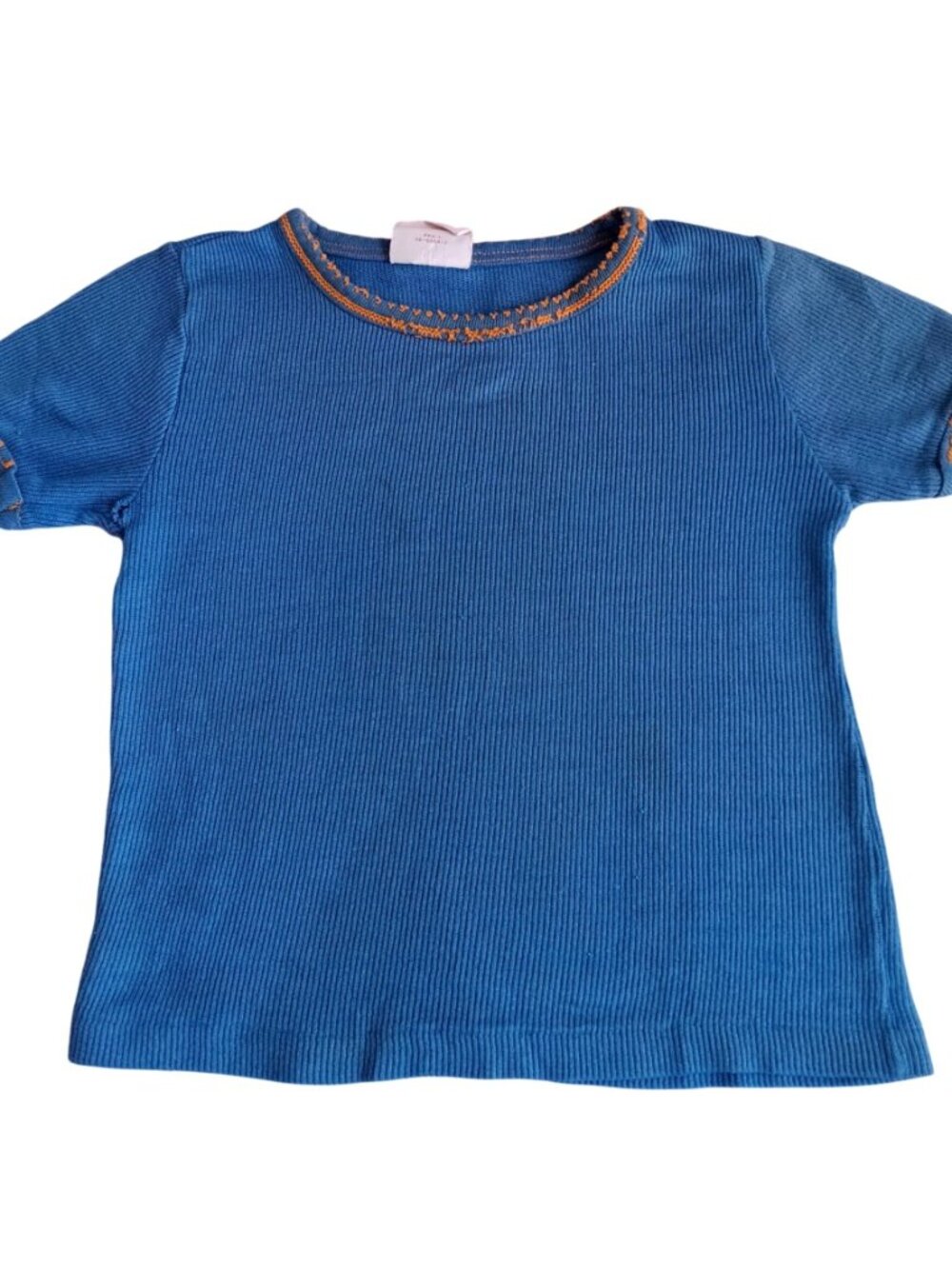 True Vintage Girls Shirt 5-6 1980's THin KNit JC PENNEY BLUE/ORANGE TRIM Top